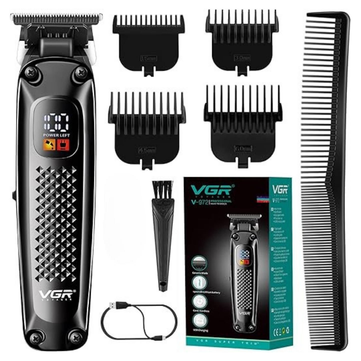 VGR 972 Professional Hair Trimmers, Precision Beard Trimmer for Men, Rechargeable with LED Display