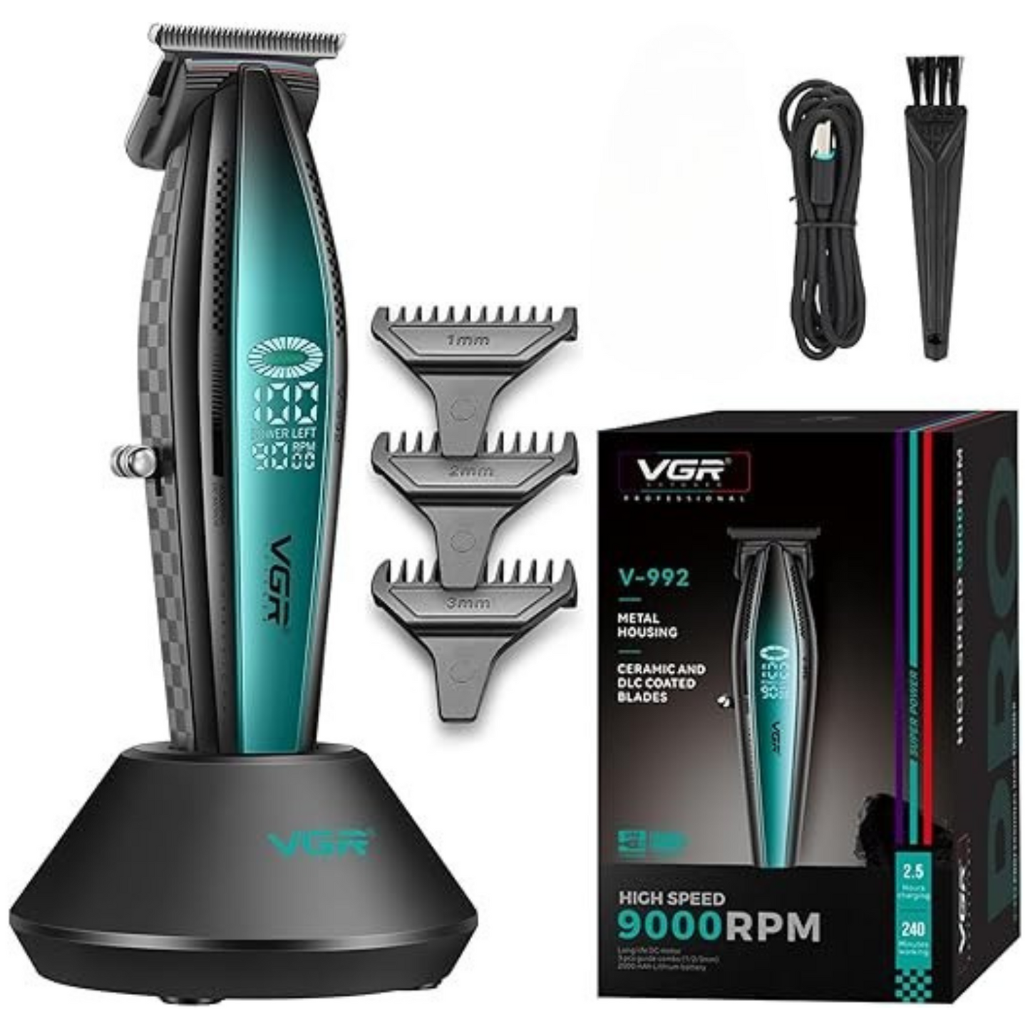 VGR 992 Professional Hair Trimmer, Zero Gapped, T Blade, Metal Body 9000 RPM, Rechargeable