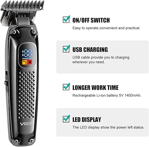 VGR 972 Professional Hair Trimmers, Precision Beard Trimmer for Men, Rechargeable with LED Display