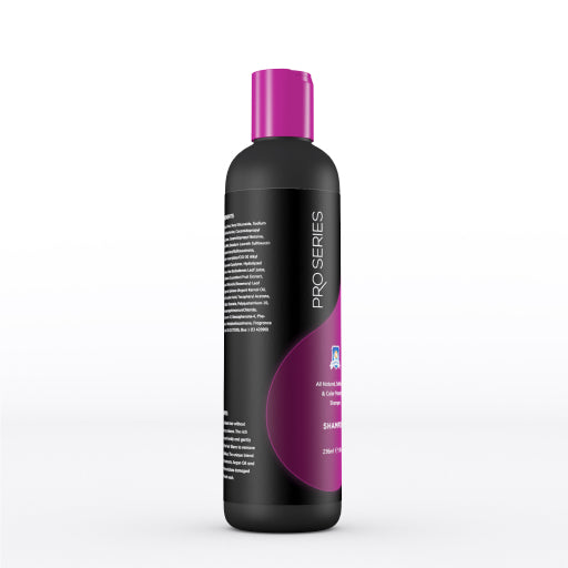 Shampoo bottle with purple cap and label on a white background