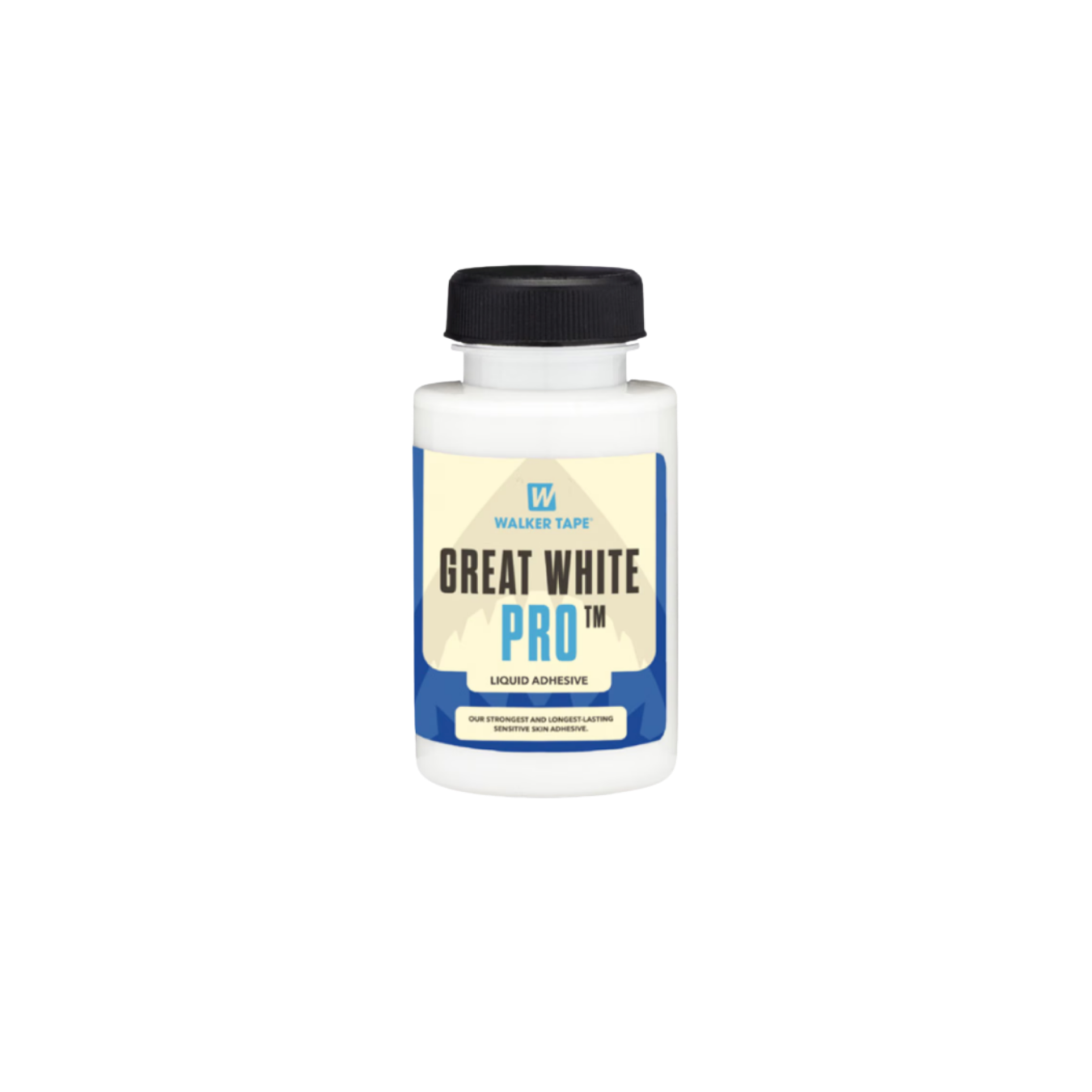 Bottle of Walker Tape Great White Pro adhesive on a white background