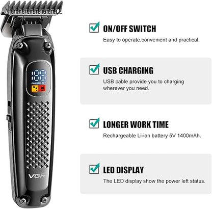 VGR 972 Professional Hair Trimmers, Precision Beard Trimmer for Men, Rechargeable with LED Display