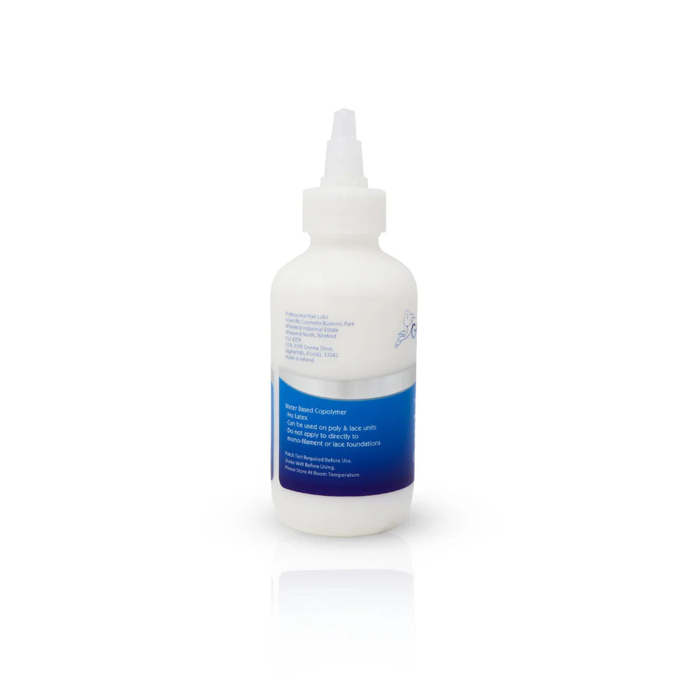 White bottle with a blue label on a white background