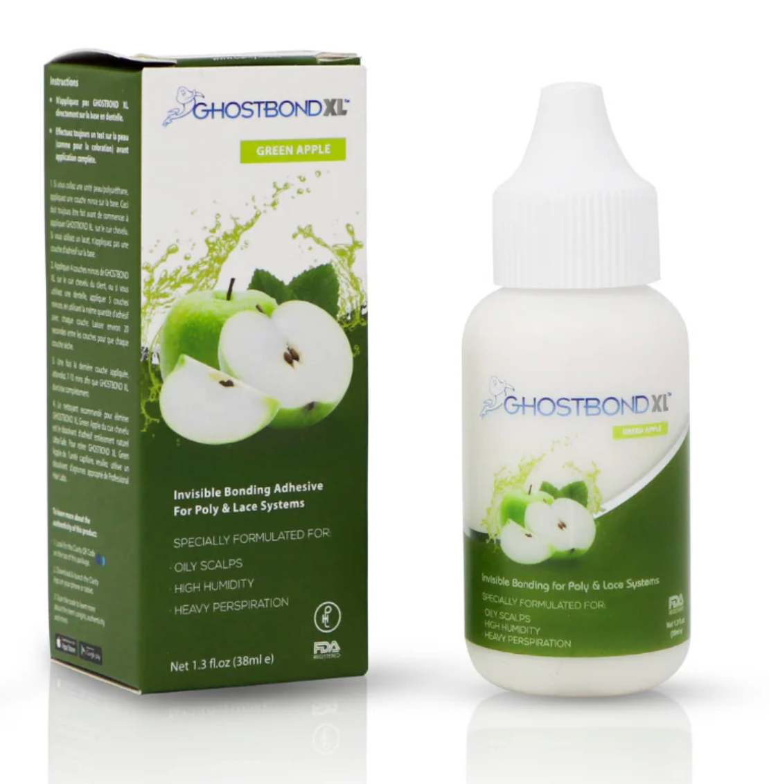 Ghostbond XL Green Apple adhesive bottle and packaging on a white background