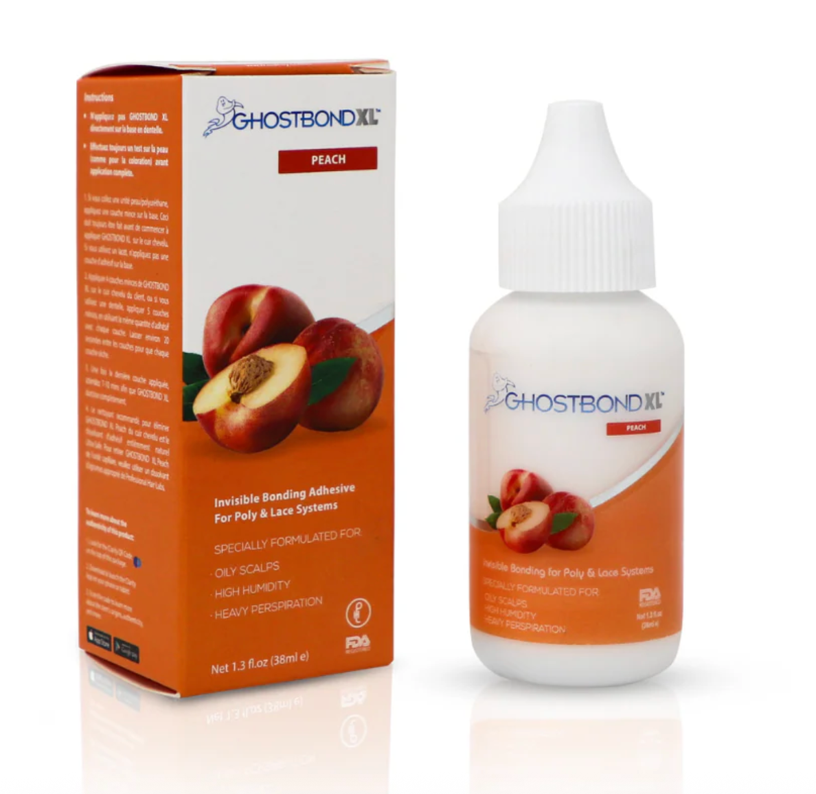 Ghostbond XL Peach adhesive packaging and bottle on a white background