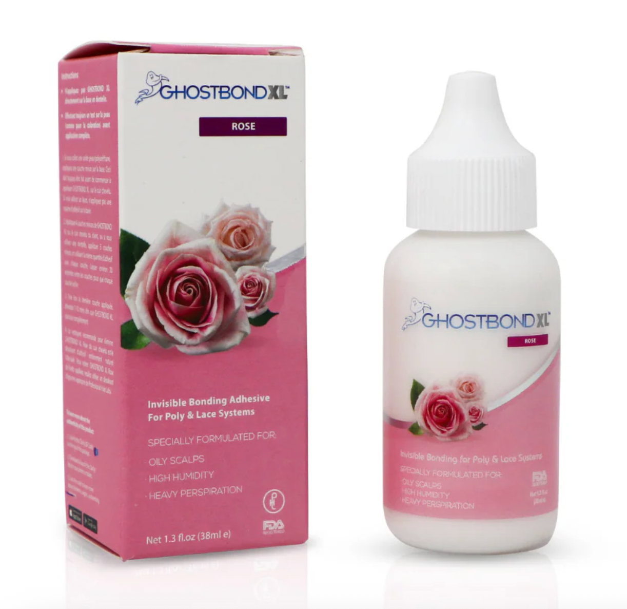 Ghostbond XL Rose adhesive packaging and bottle on a white background