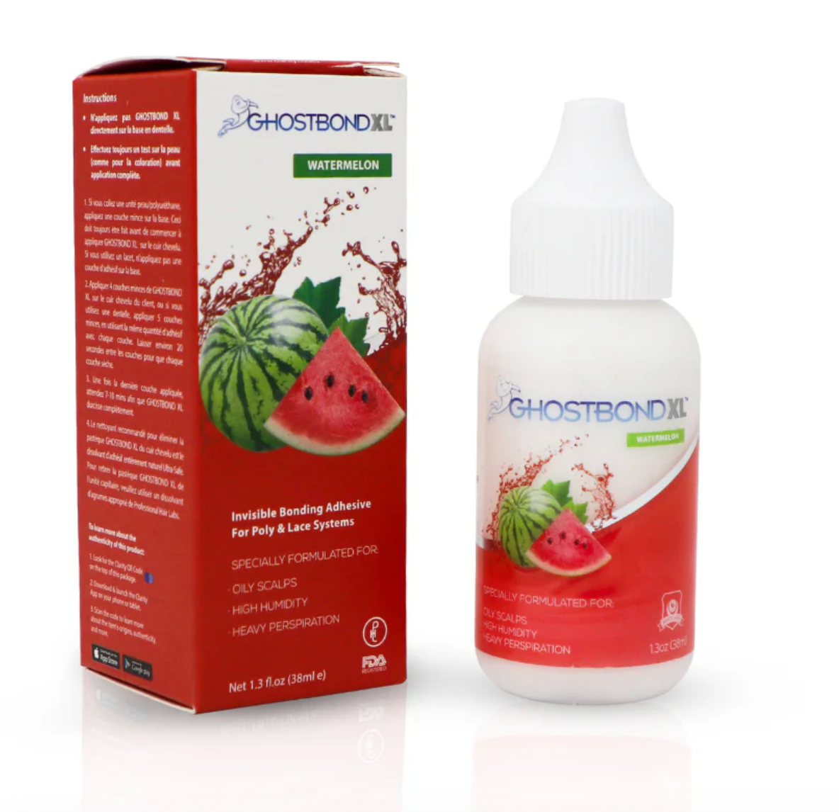 Ghostbond XL watermelon flavor adhesive packaging and bottle on a white background