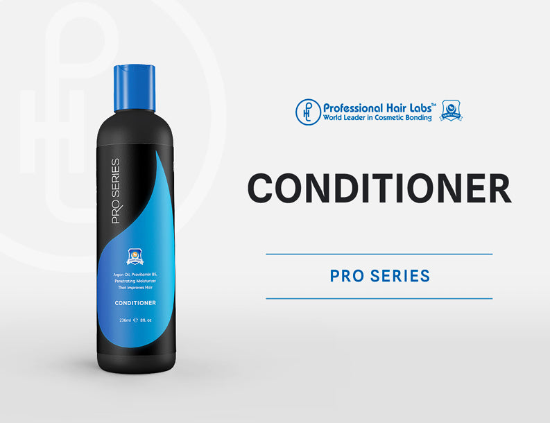 Pro Series conditioner bottle with blue and black design on a white background