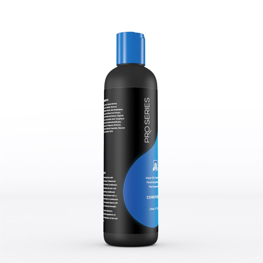 Black and blue bottle of Pro Series conditioner on a white background