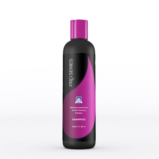 Shampoo bottle with purple and black design on a white background