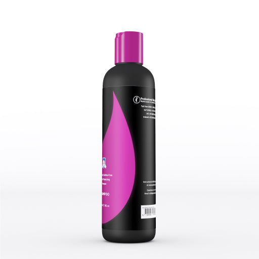 Shampoo bottle with black and pink design on a white background