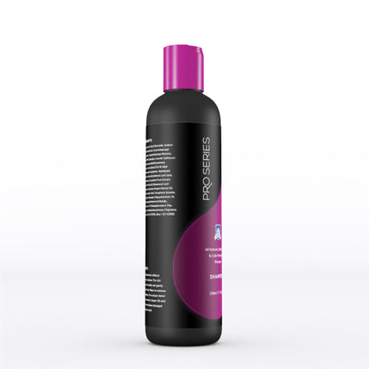 Shampoo bottle with purple cap and label on a white background