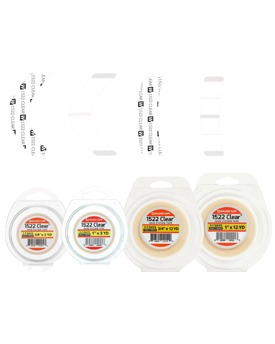 Four rolls of clear tape with labels on a white background