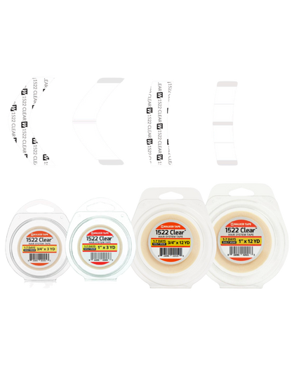 Four rolls of clear tape with labels on a white background