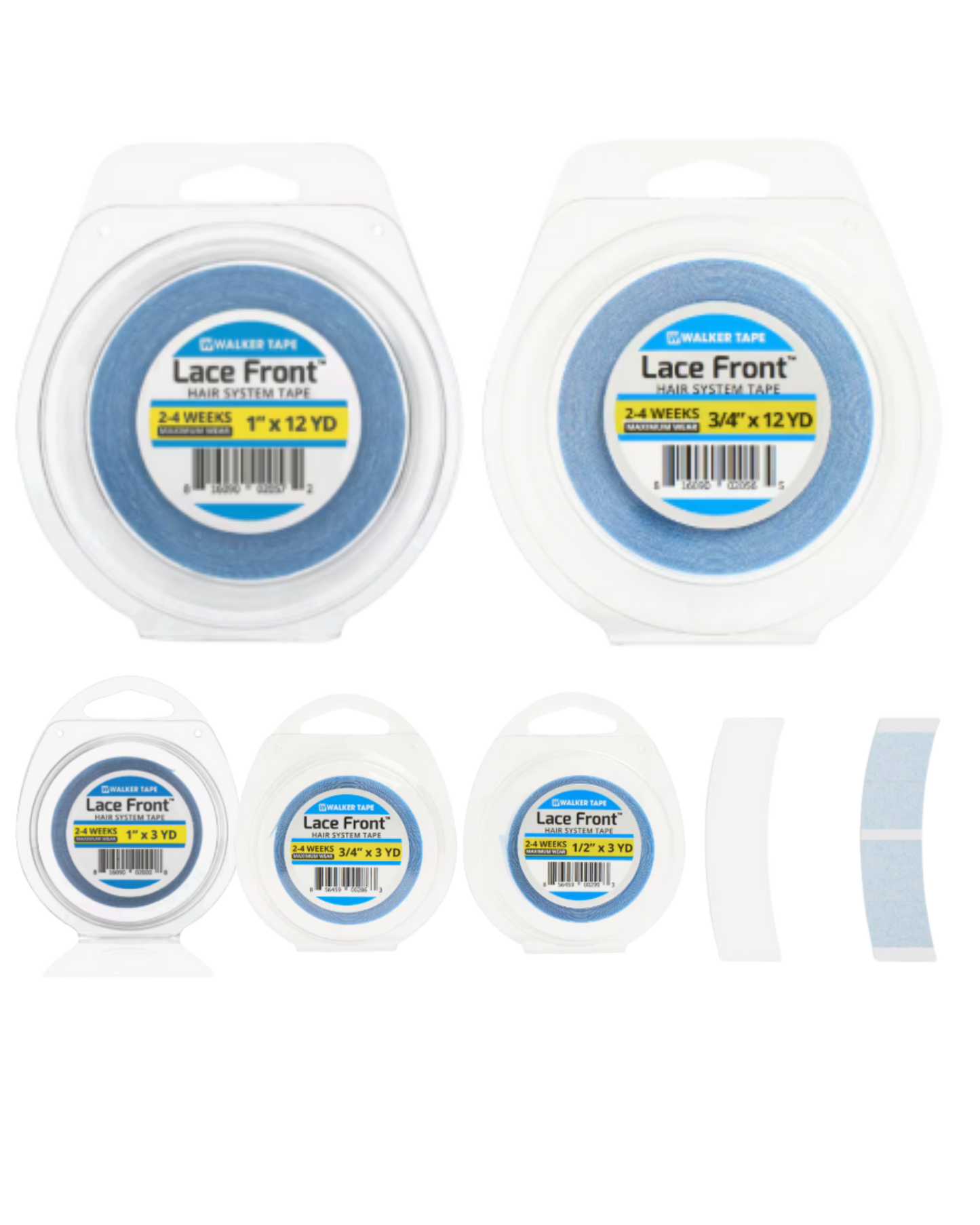 Multiple rolls of lace front tape with labels on a white background