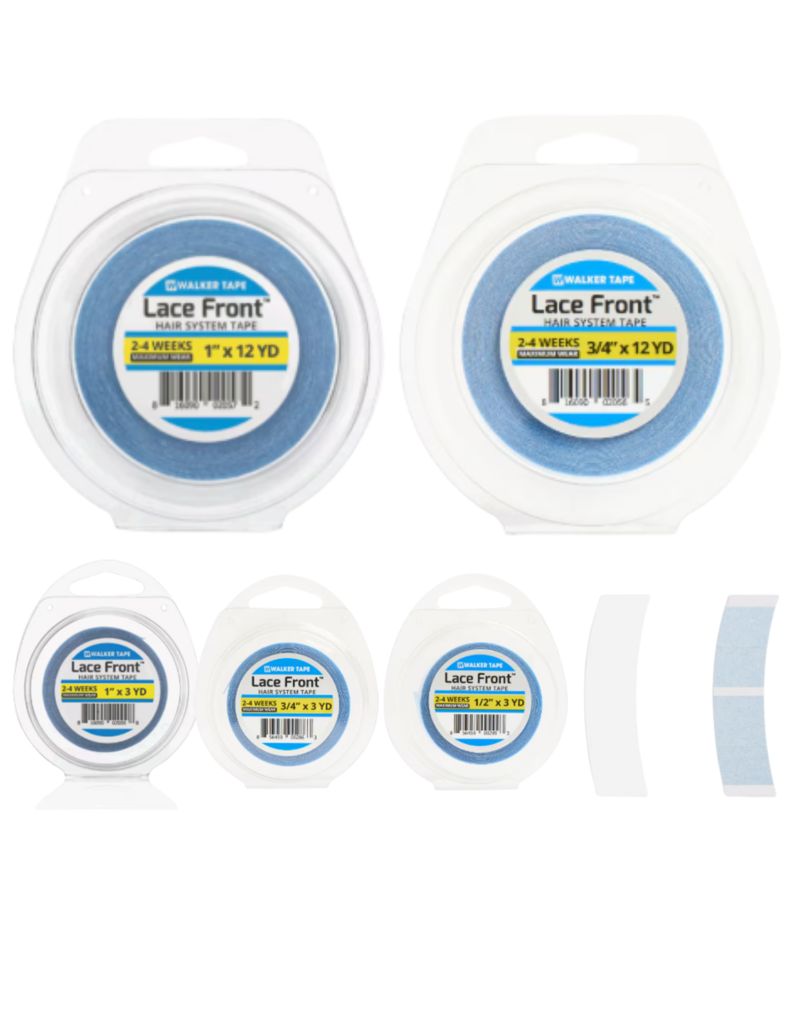 Multiple rolls of lace front tape with labels on a white background