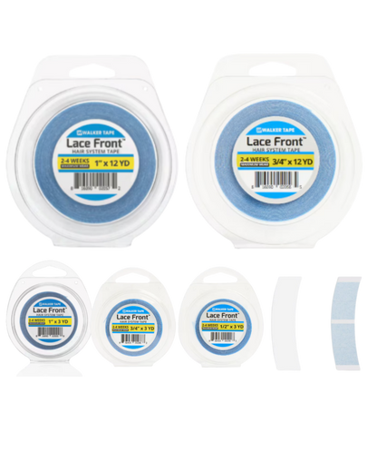 Multiple rolls of lace front tape with labels on a white background
