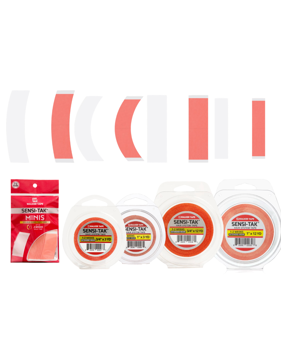 Collection of Sensi-Tak products including tape rolls and a red package on a white background