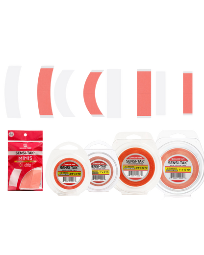 Collection of Sensi-Tak products including tape rolls and a red package on a white background