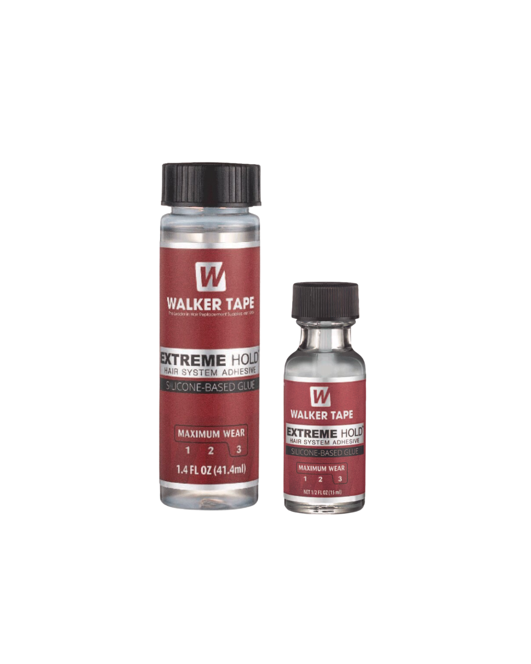 Two bottles of Walker Tape Extreme Hold Adhesive on a white background
