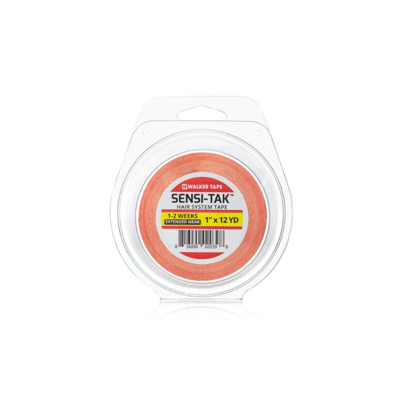 A roll of Sensi-Tak tape in pink color, packaged in a clear plastic container with a label showing the brand and product details.