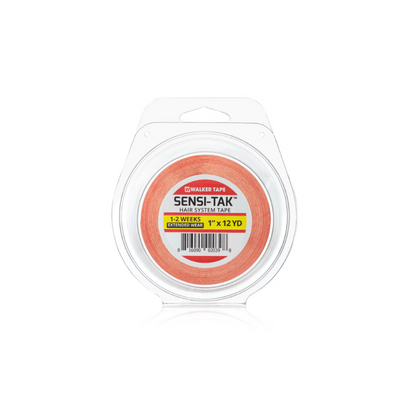 A roll of Sensi-Tak tape in pink color, packaged in a clear plastic container with a label showing the brand and product details.