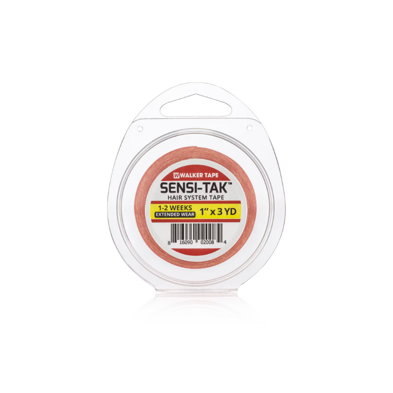 A roll of Sensi-Tak tape in pink color, packaged in a clear plastic container with a label showing the brand and product details.