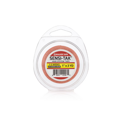 A roll of Sensi-Tak tape in pink color, packaged in a clear plastic container with a label showing the brand and product details.