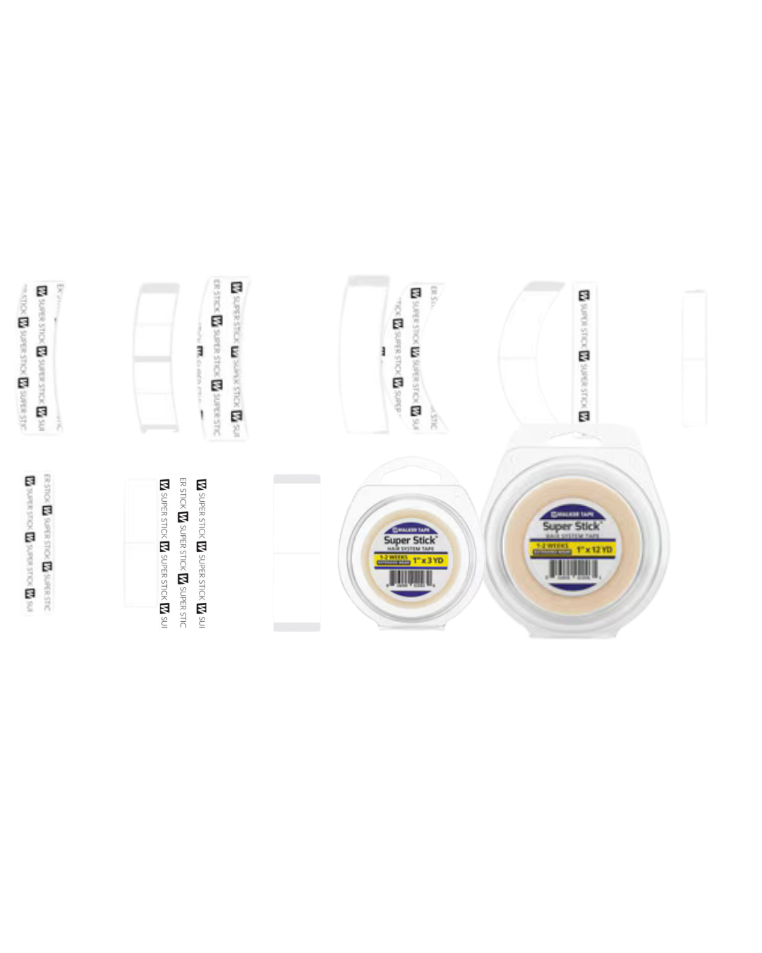 Two small containers of super stick tape on a white background