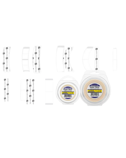 Two small containers of super stick tape on a white background