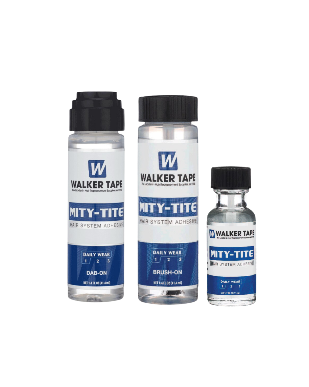 Three bottles of Walker Tape Mity-Tite on a white background