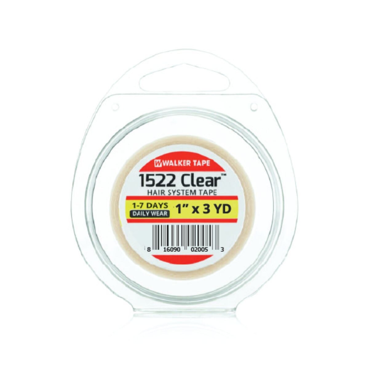 Clear tape with label in clear packaging on a white background