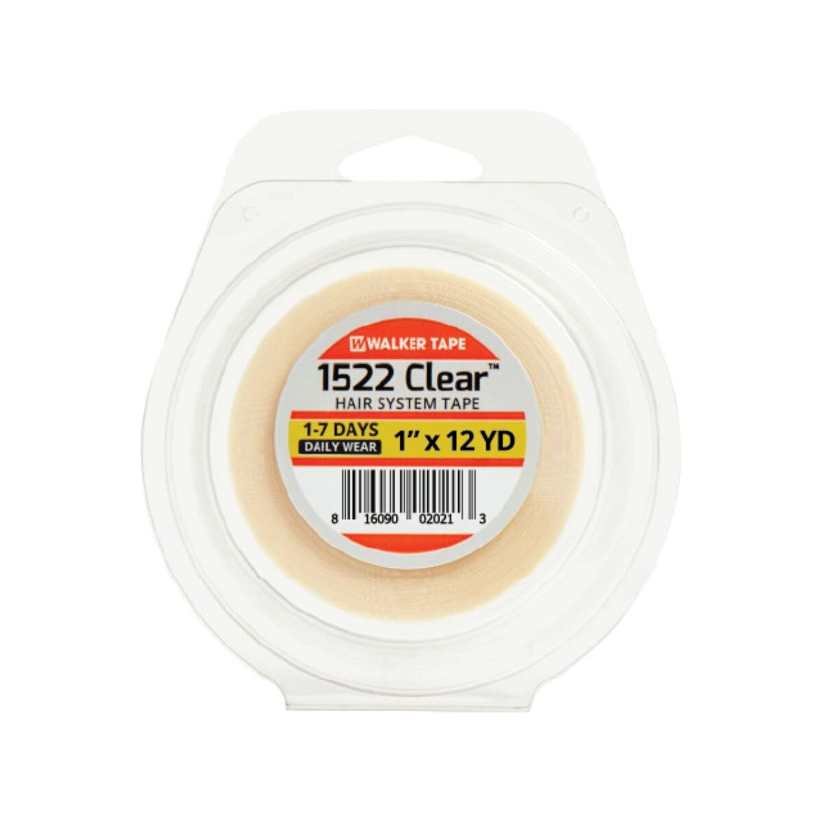 Clear hair tape roll with label on a white background