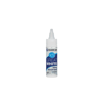 Bottle of Walker Tannery Great White paint on a white background