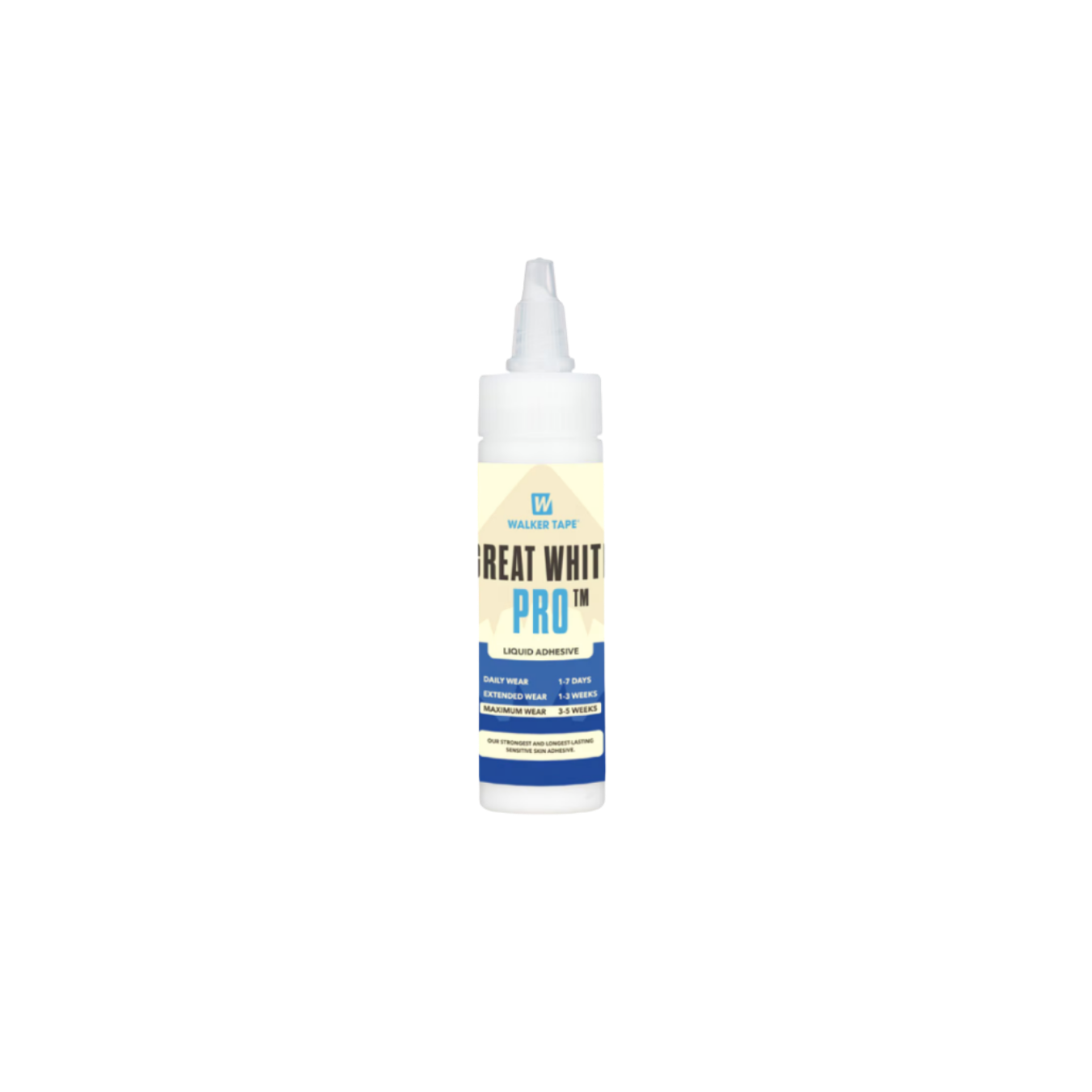 Bottle of Great White Pro adhesive on a white background