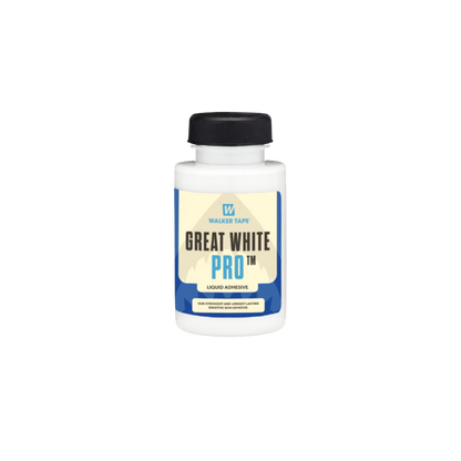 Bottle of Walker Tape Great White Pro adhesive on a white background