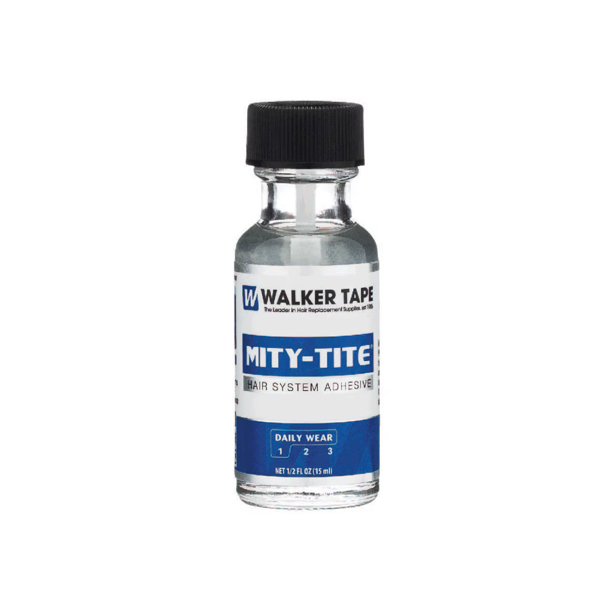 Bottle of Walker Tape Mity-Tite hair system adhesive on a white background