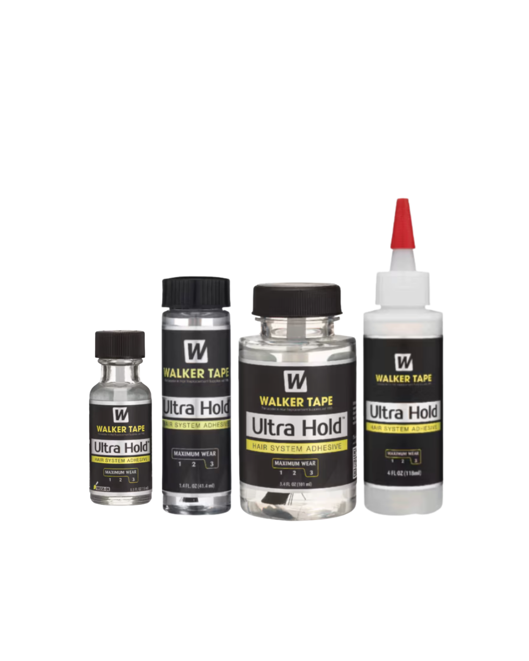 Set of Walker Tape Ultra Hold adhesive bottles on a white background