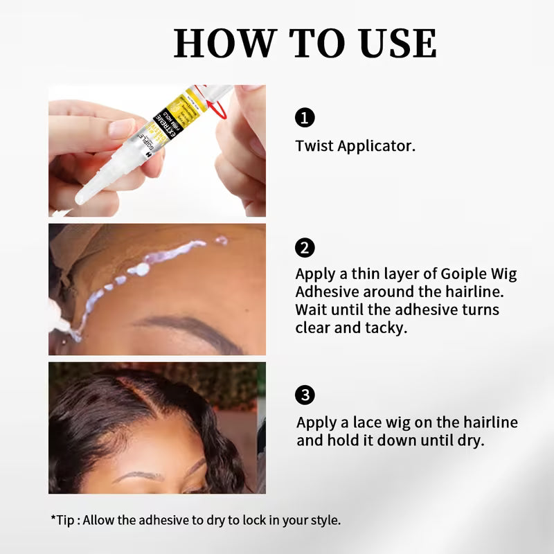 Instructional graphic titled 'HOW TO USE' showing three steps for applying Goiple Wig adhesive: twisting the applicator, applying adhesive around the hairline, and applying the lace wig on the hairline. Includes small photos of hands, the applicator, adhesive on hair, and a close-up of a wig part.